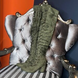 Nature Breeze Olive Green Faux Suede Lace-Up Over-The-Knee Boots 🌿